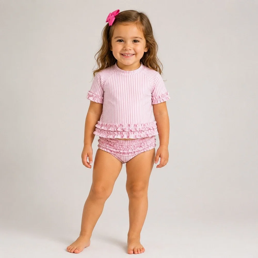 RuffleButts Girls Pink Seersucker Rash Guard Swim Set Ruffle Bottoms Size 3T